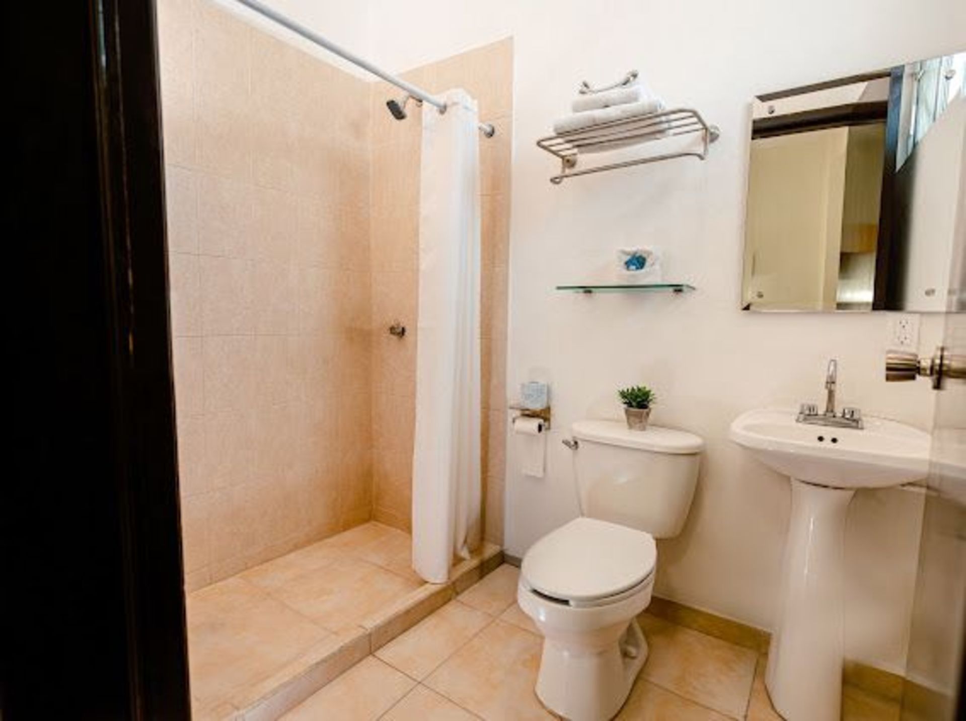 Baño con ducha de azulejos, inodoro, lavabo con pedestal y toallero; colores beige y blanco.