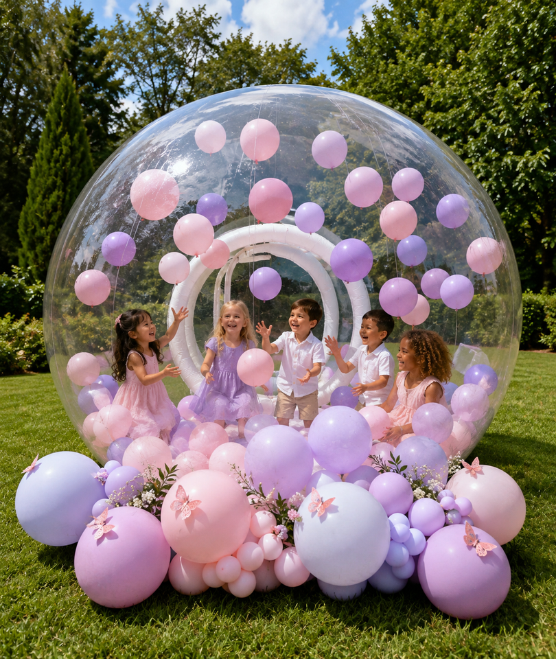 Clear bubble sculpture filled with pastel pink and lavender balloons in a green outdoor setting