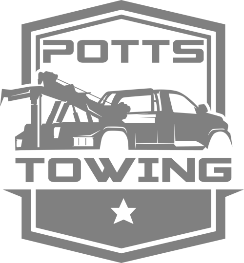 Potts Towing logo with tow truck, car, and star in gray shield design