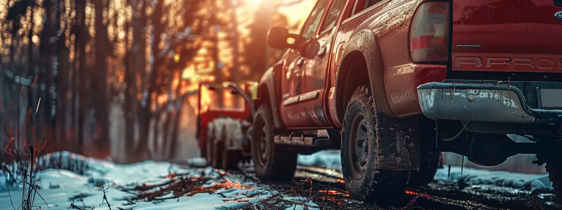 A red truck is driving down a snowy road in the woods.