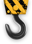 Metal hook hanging from a yellow-and-black striped block on a white background
