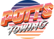 Logo for “Potts Towing” in orange and gray with a striped sunset circle background