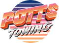 Stylized “POTTS TOWING” logo with orange and gray text over a striped circular sunset backdrop