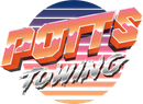 Stylized “POTTS TOWING” logo with orange and gray text over a striped circular sunset backdrop