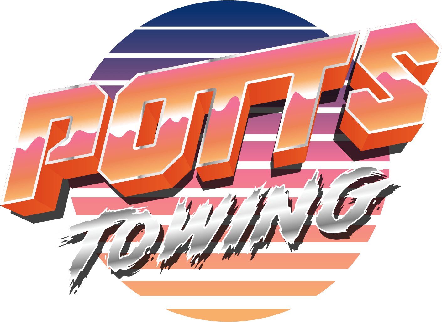 Stylized “POTTS TOWING” logo with orange and gray text over a striped circular sunset backdrop