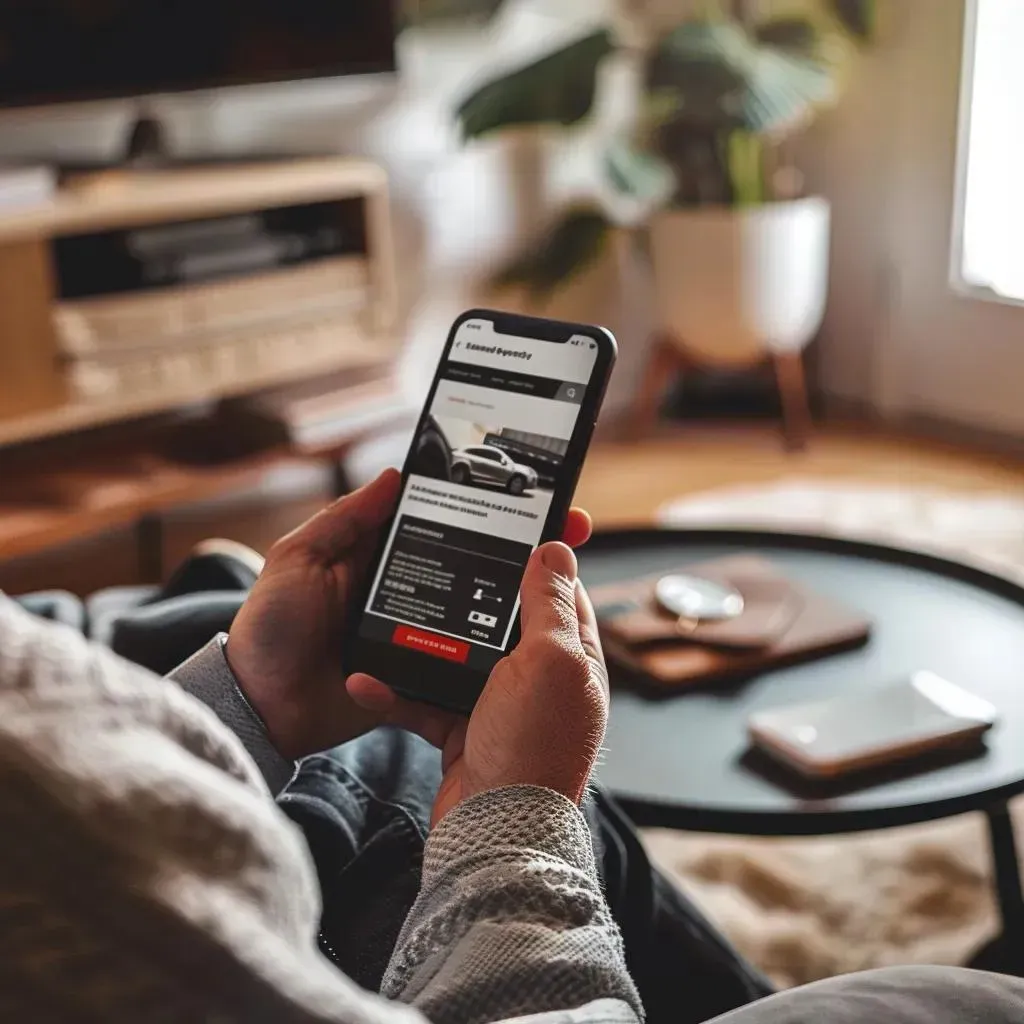 Person using a smartphone near a coffee table in a cozy living room