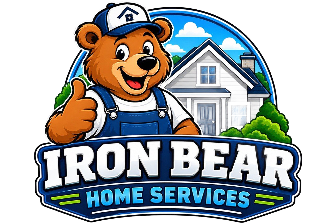 Cartoon bear mascot in overalls and cap with &ldquo;IRON BEAR HOME SERVICES&rdquo; logo and house background