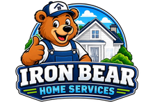 Cartoon bear mascot in overalls and cap with &ldquo;IRON BEAR HOME SERVICES&rdquo; logo and house background