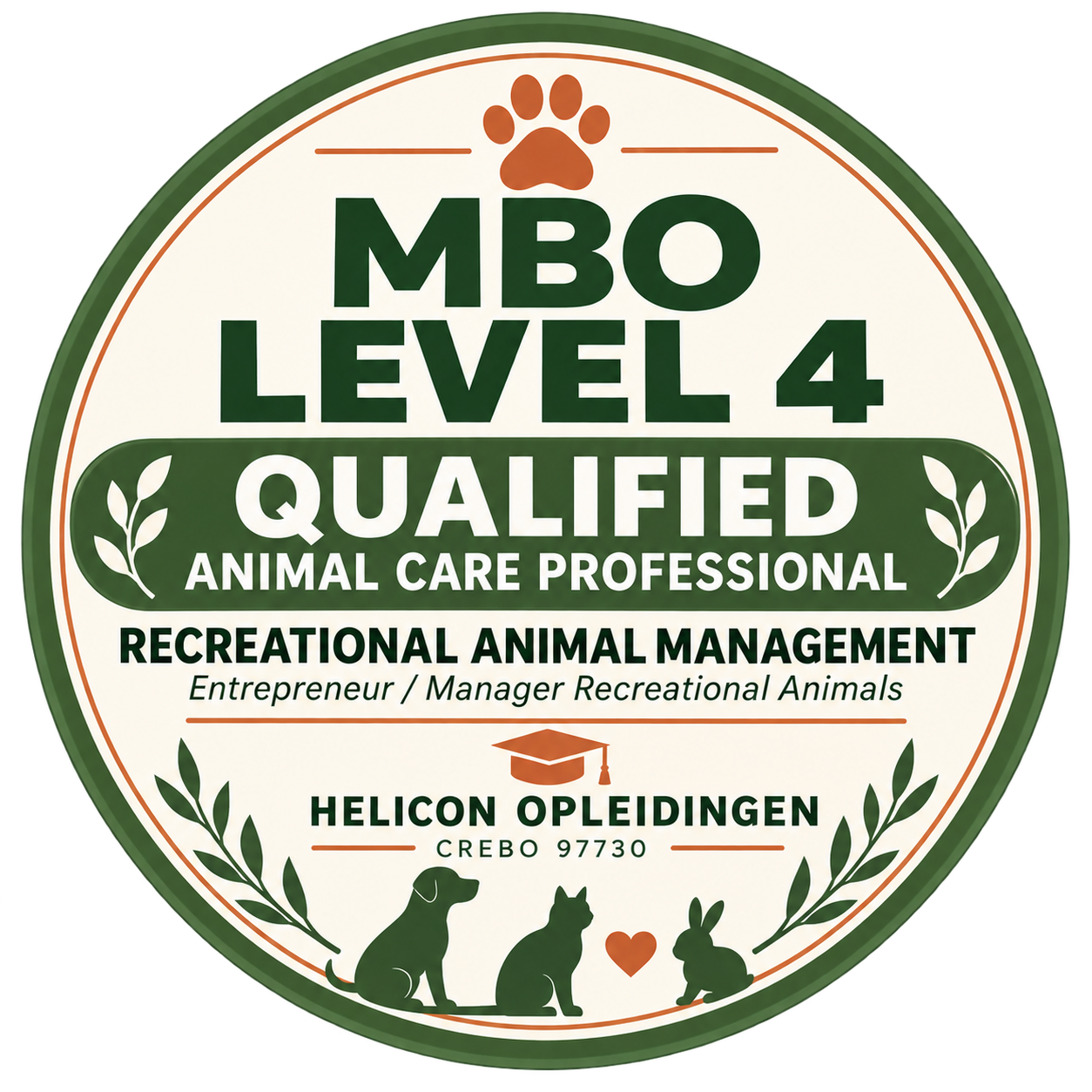 Round MBO Level 4 Qualified Animal Care Professional badge in green and orange with paw prints and animal silhouettes