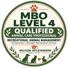 Round MBO Level 4 Qualified Animal Care Professional badge in green and orange with paw prints and animal silhouettes