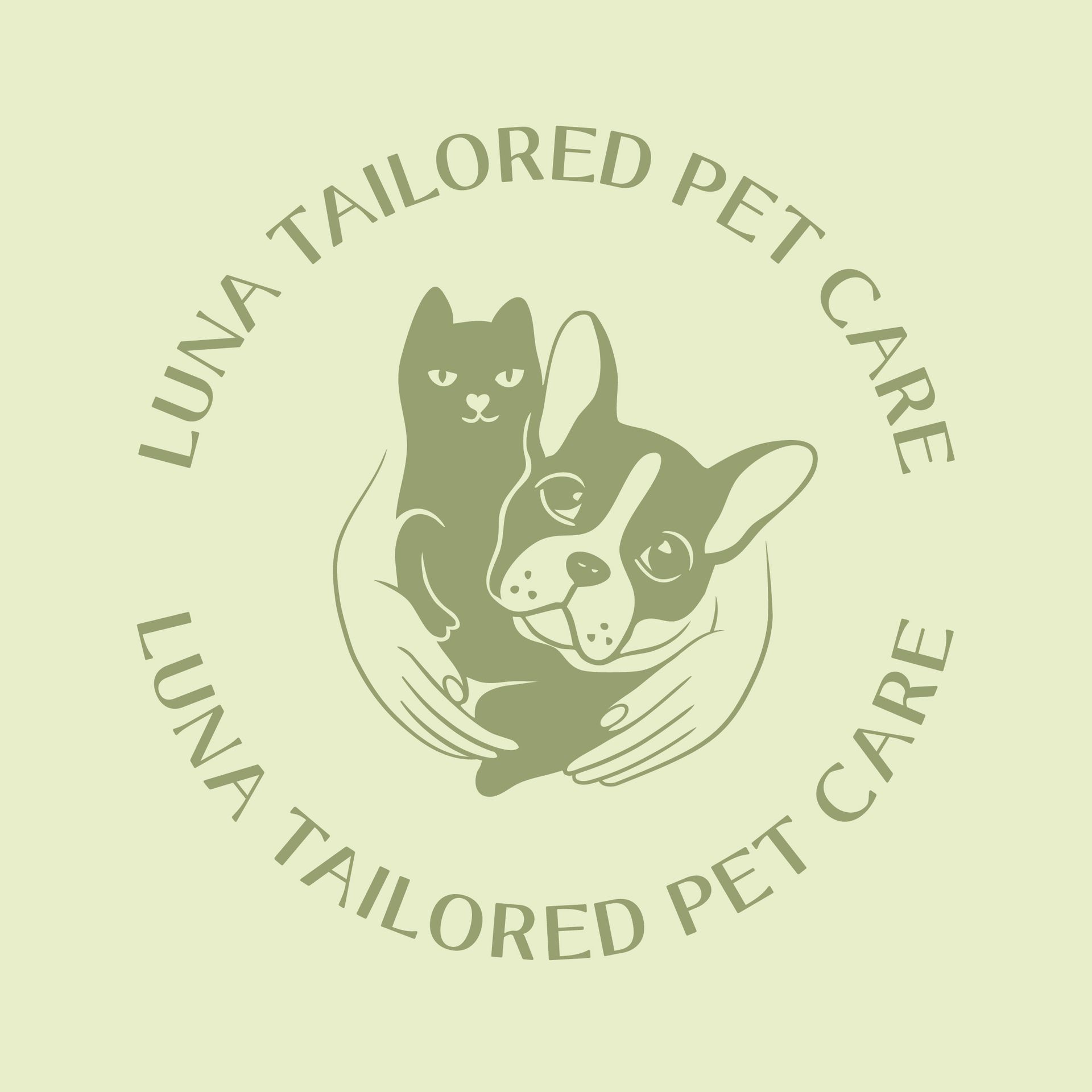 Logo for Luna Tailored Pet Care with a cat and dog in muted green tones