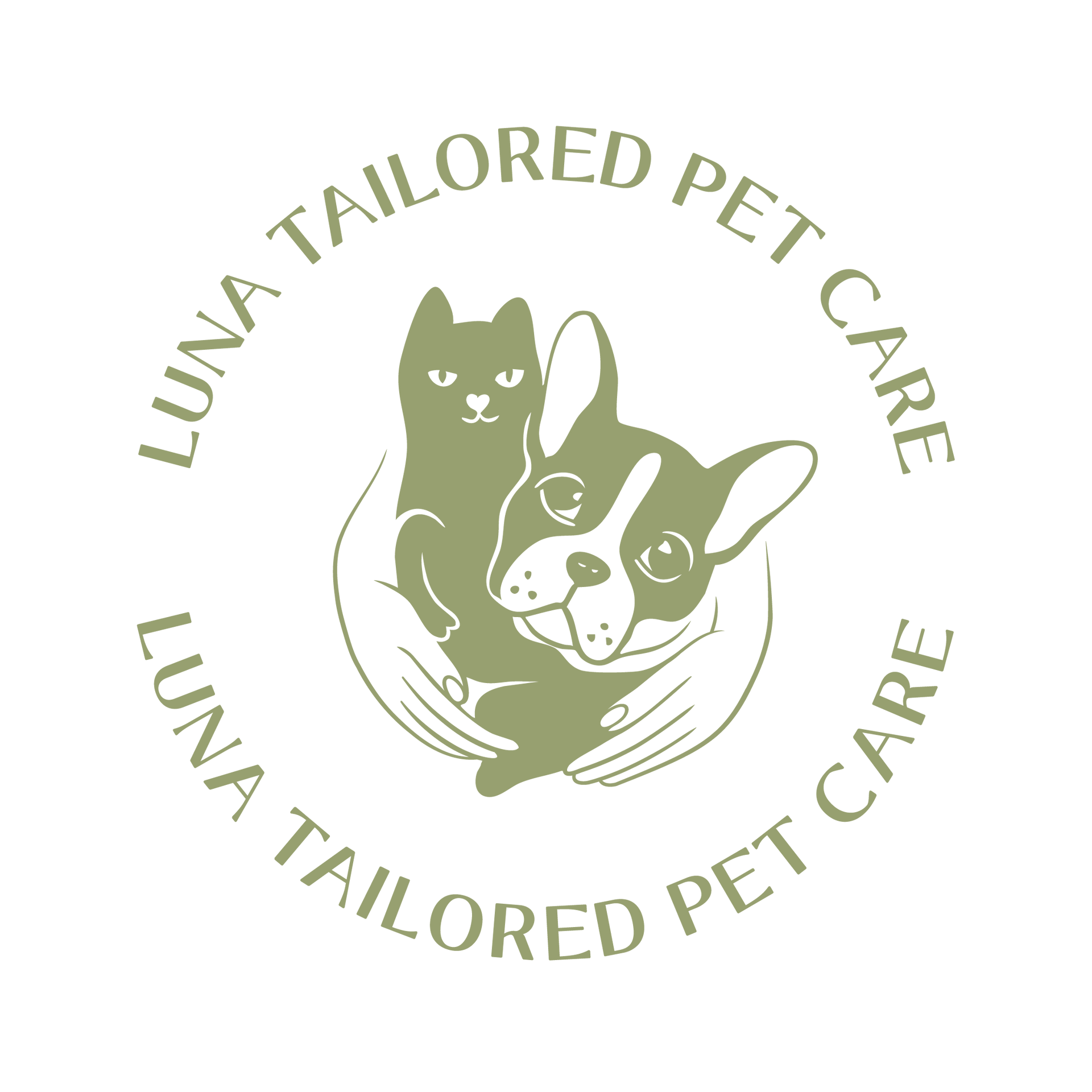 Luna Tailored Pet Care logo with a cat and dog in olive green, surrounded by curved text.