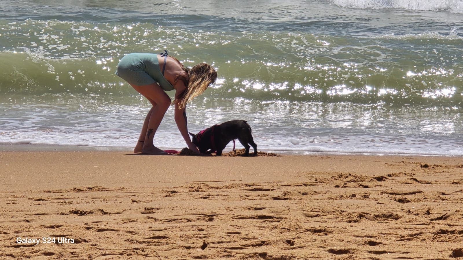 Woman bends toward small black dog on sandy beach with waves in the background