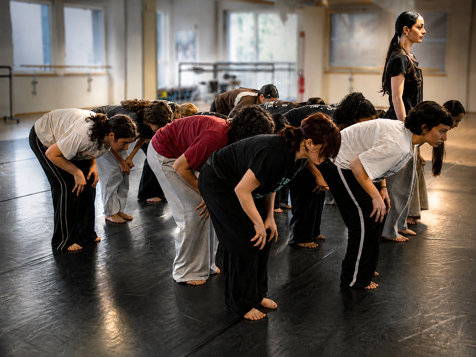 In una sala prove di danza, alcune persone si chinavano in avanti in una posa sincronizzata.