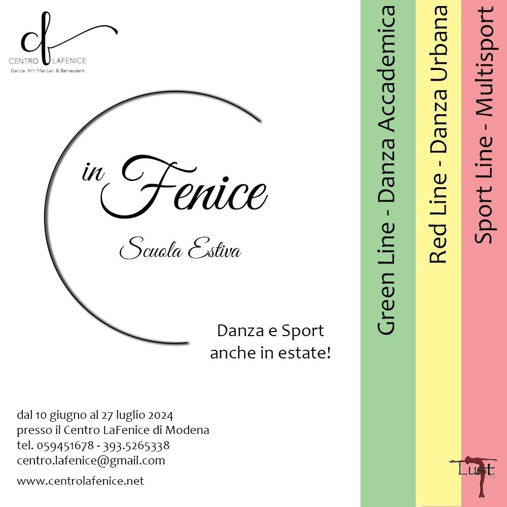 Volantino per la scuola In Fenice: corsi estivi di danza e sport nei colori rosso, verde, giallo e bianco.