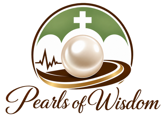 Pearl logo with green arch, white cross, heartbeat line, and script text “Pearls of Wisdom”