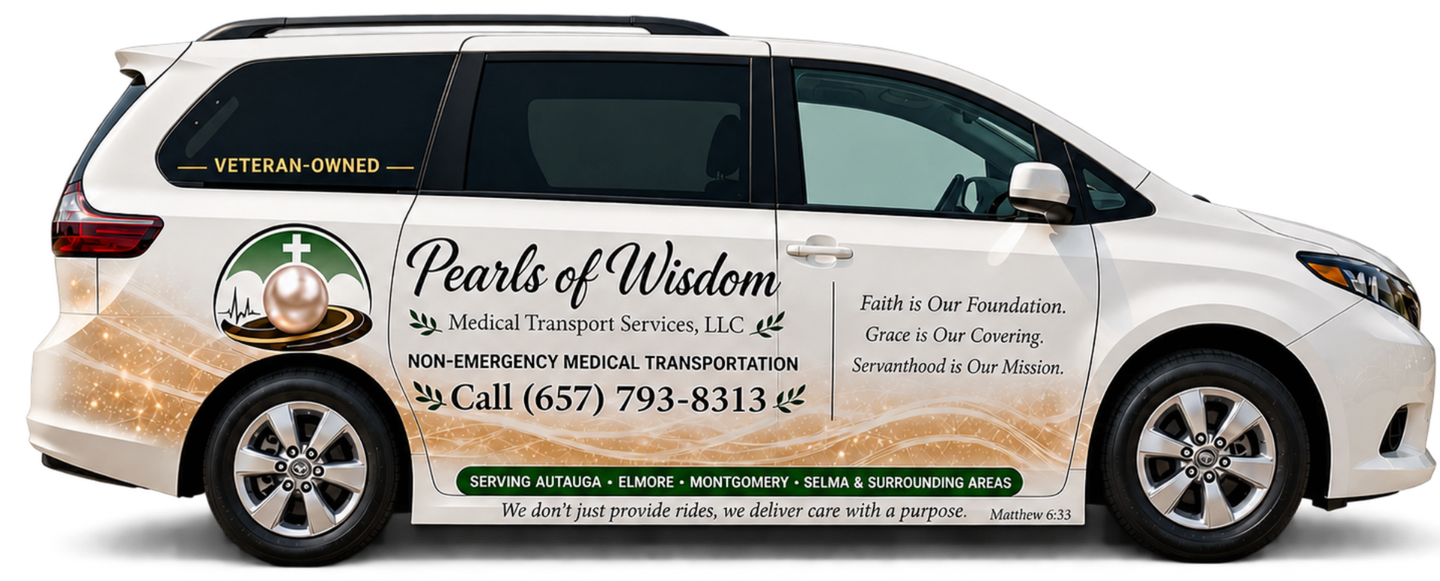 White minivan wrapped with Pearl of Wisdom lawn care advertising and contact info