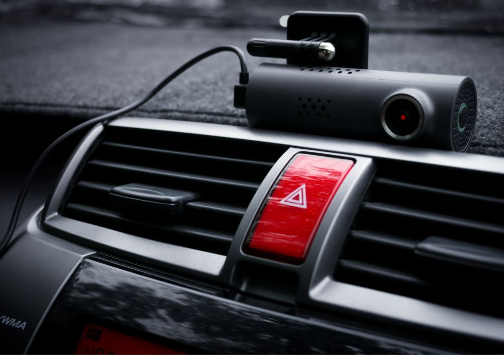 Compact dash cam mounted on a car dashboard