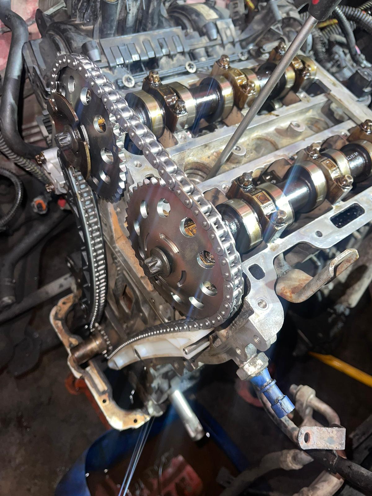 Timing chain and camshaft sprockets exposed during a timing chain replacement