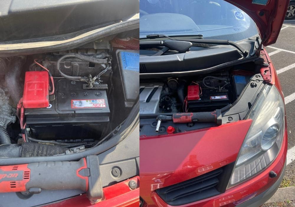 Car battery under the bonnet of a red car, before and after replacement