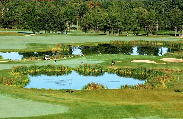 A golf course with a lot of ponds and trees in the background.