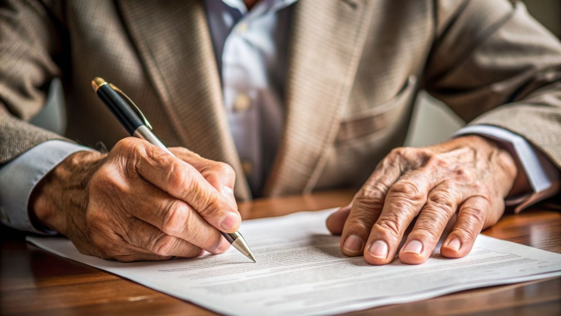 Hands writing with a pen on a document at a wooden desk