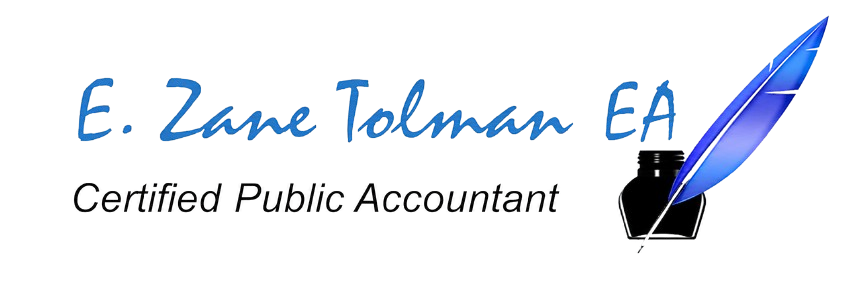 Logo for E. Zane Tolman, EA, with a blue pen and the text “Certified Public Accountant”