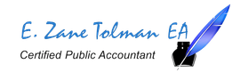 Logo for E. Zane Tolman, EA, with a blue pen and the text “Certified Public Accountant”