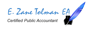 Logo for E. Zane Tolman, EA, with a blue pen and the text “Certified Public Accountant”