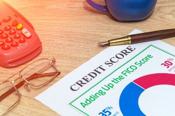 Credit score chart on a desk with glasses, calculator, and coffee mug