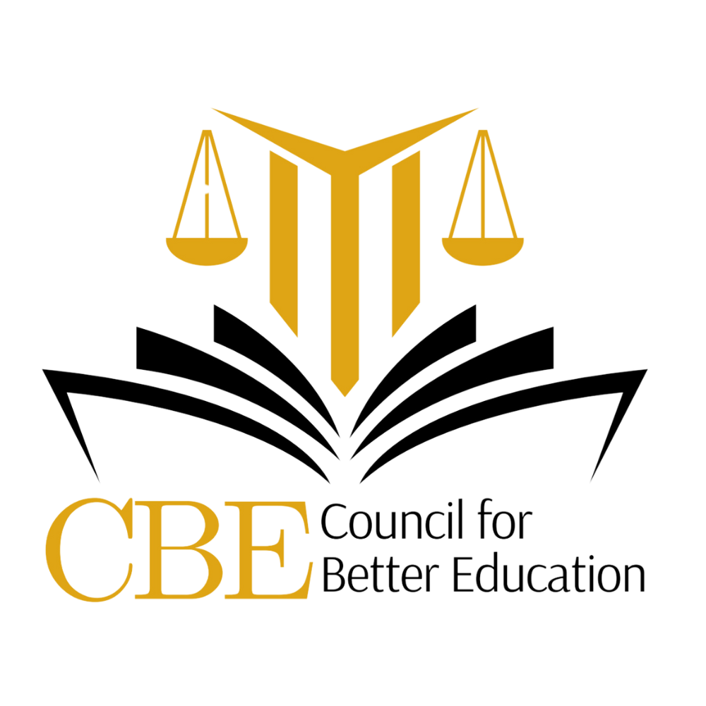 A logo for the council for better education with a book and scales of justice.
