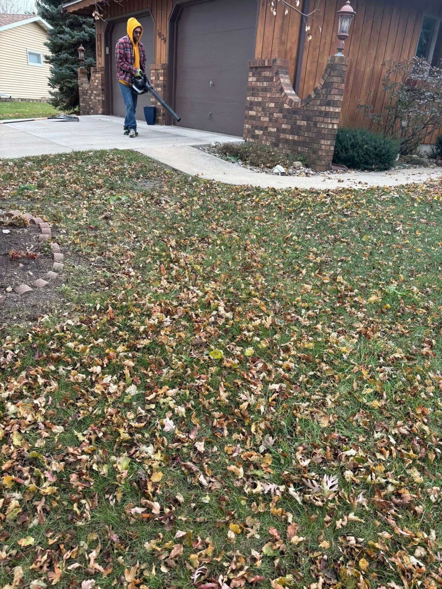 Person using a leaf blower on a driveway beside a brick house, with leaves covering the lawn.