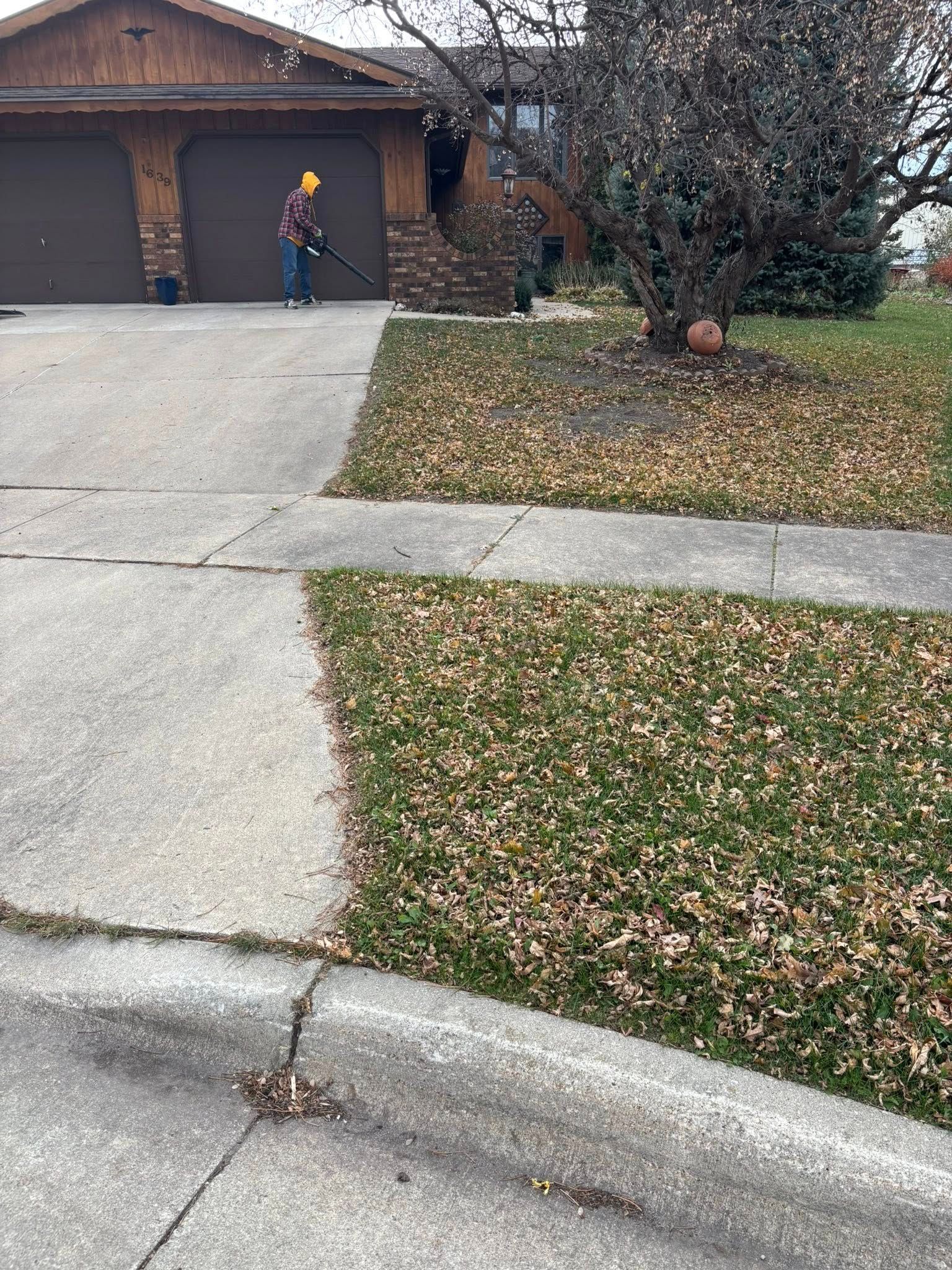 Person with a leaf blower on a suburban driveway by a brick house and lawn.
