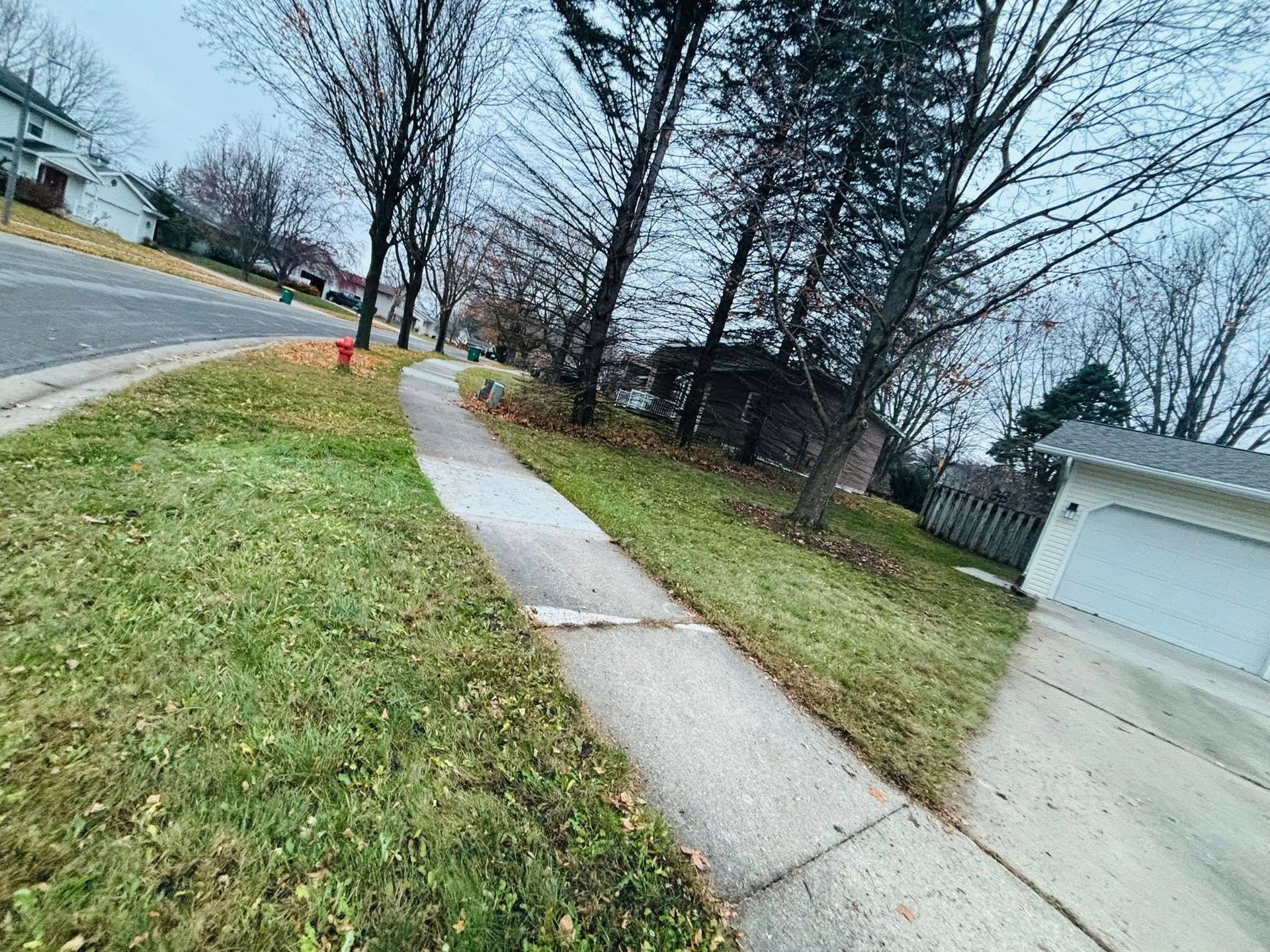 Curved sidewalk beside a grassy yard and driveway, with bare trees and a garage on an overcast day