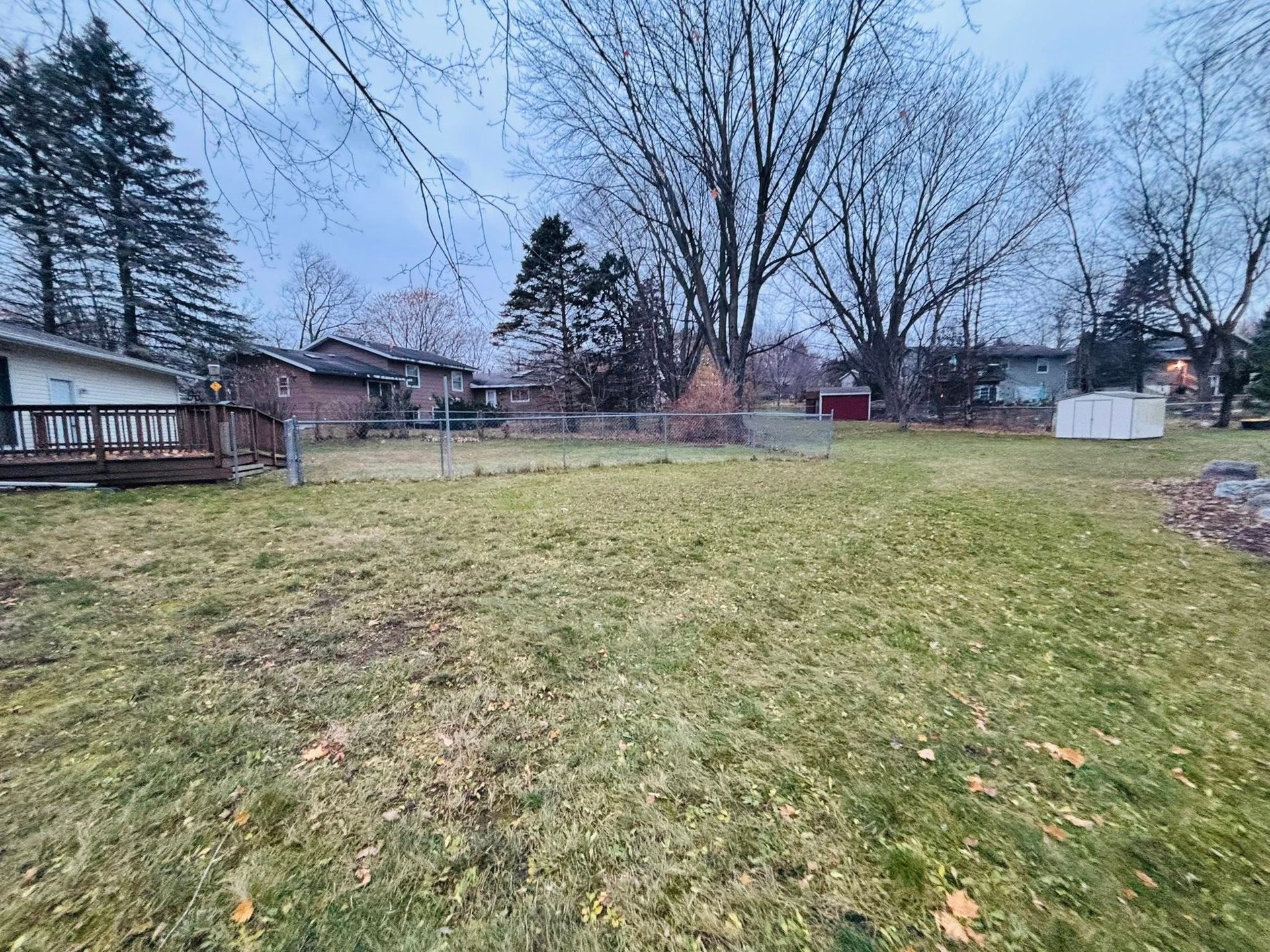 Grassy backyard with leafless trees, a wooden deck, and houses under a cloudy sky.