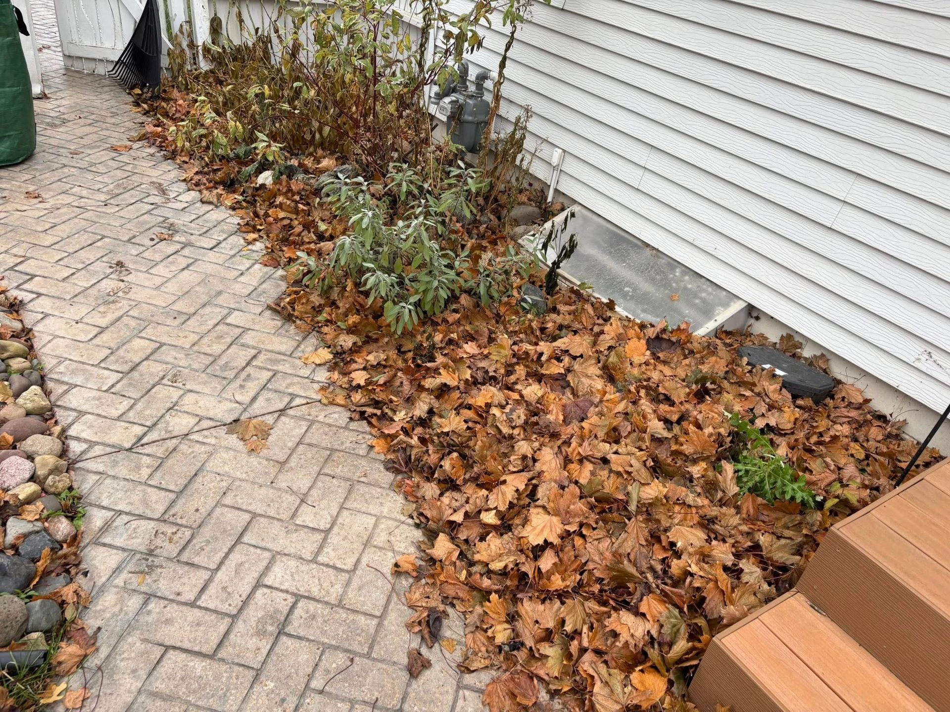 Leaf-covered garden bed beside a brick walkway and house siding, with brown stairs at right.