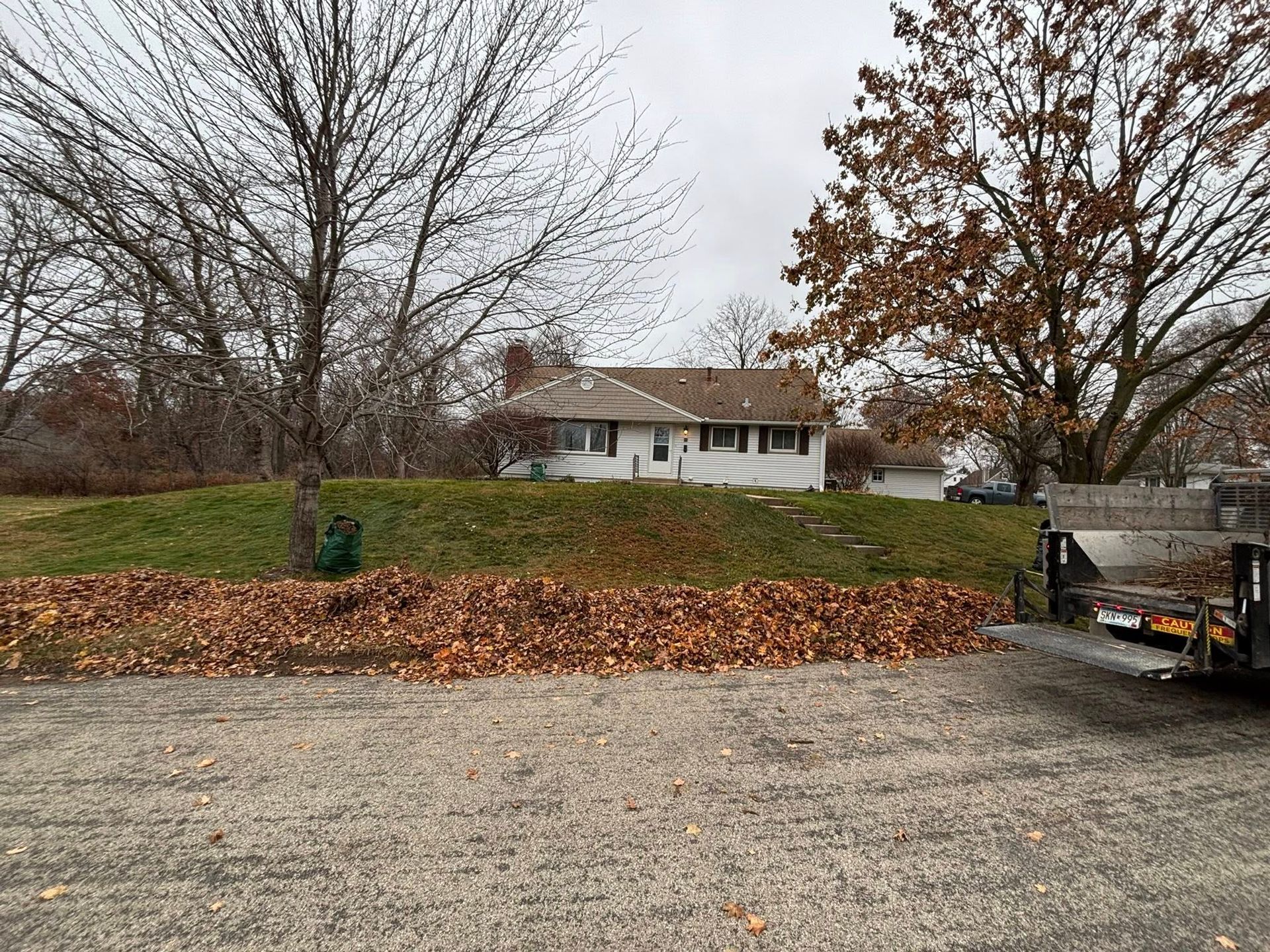 Leaf-covered roadside with a white house on a grassy hill and trees in late autumn