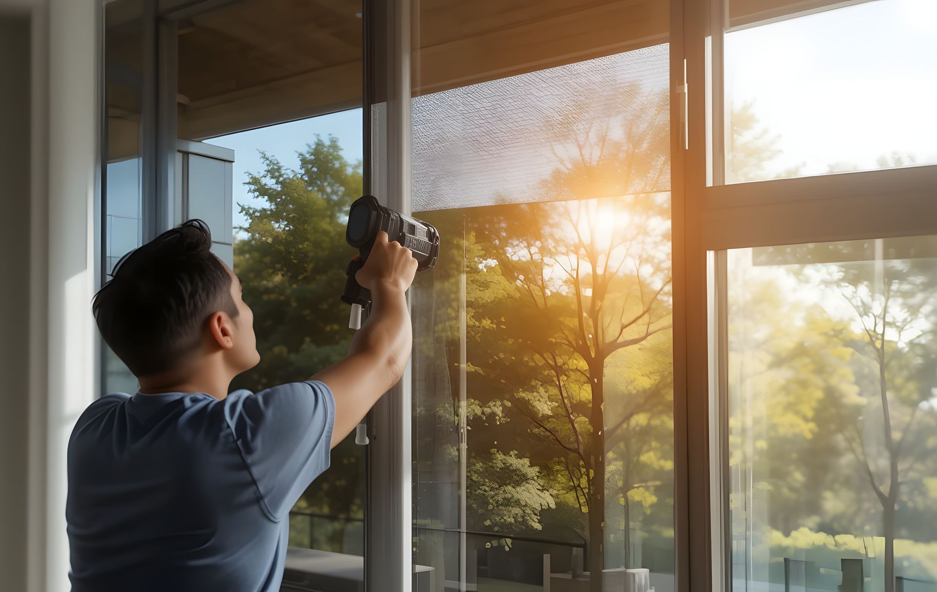 A man is cleaning a window with a drill.