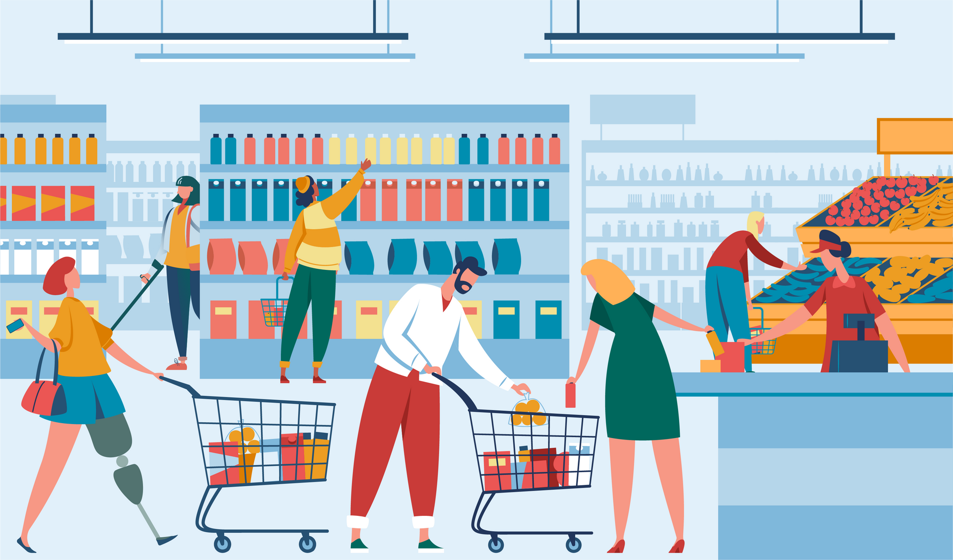 A busy supermarket with people of all abilities shopping for groceries.