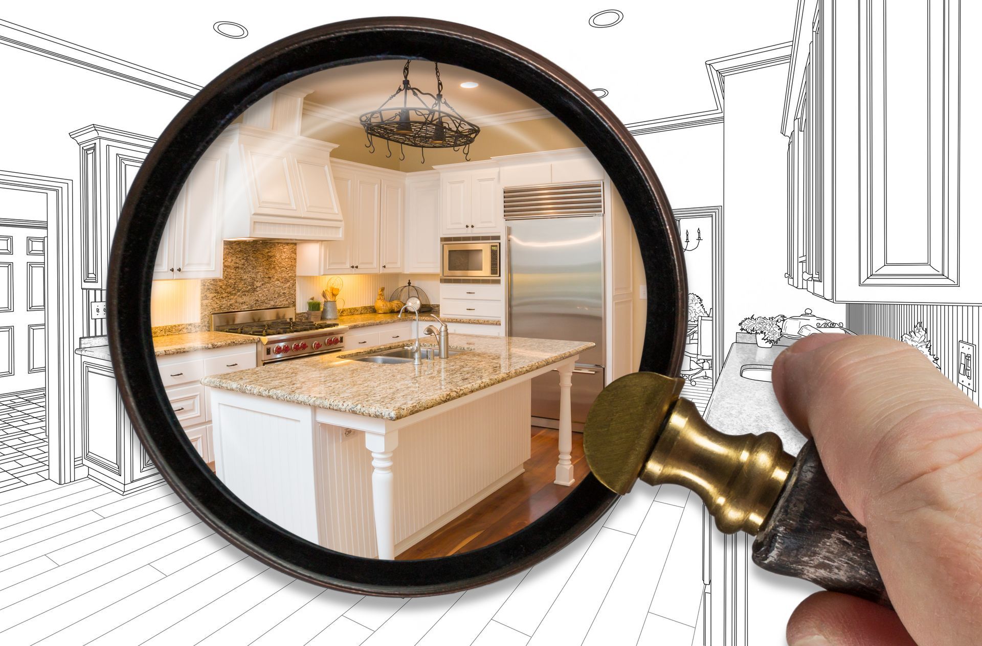 A world rendered as if a blueprint is made real in the lens of a magnifying glass.