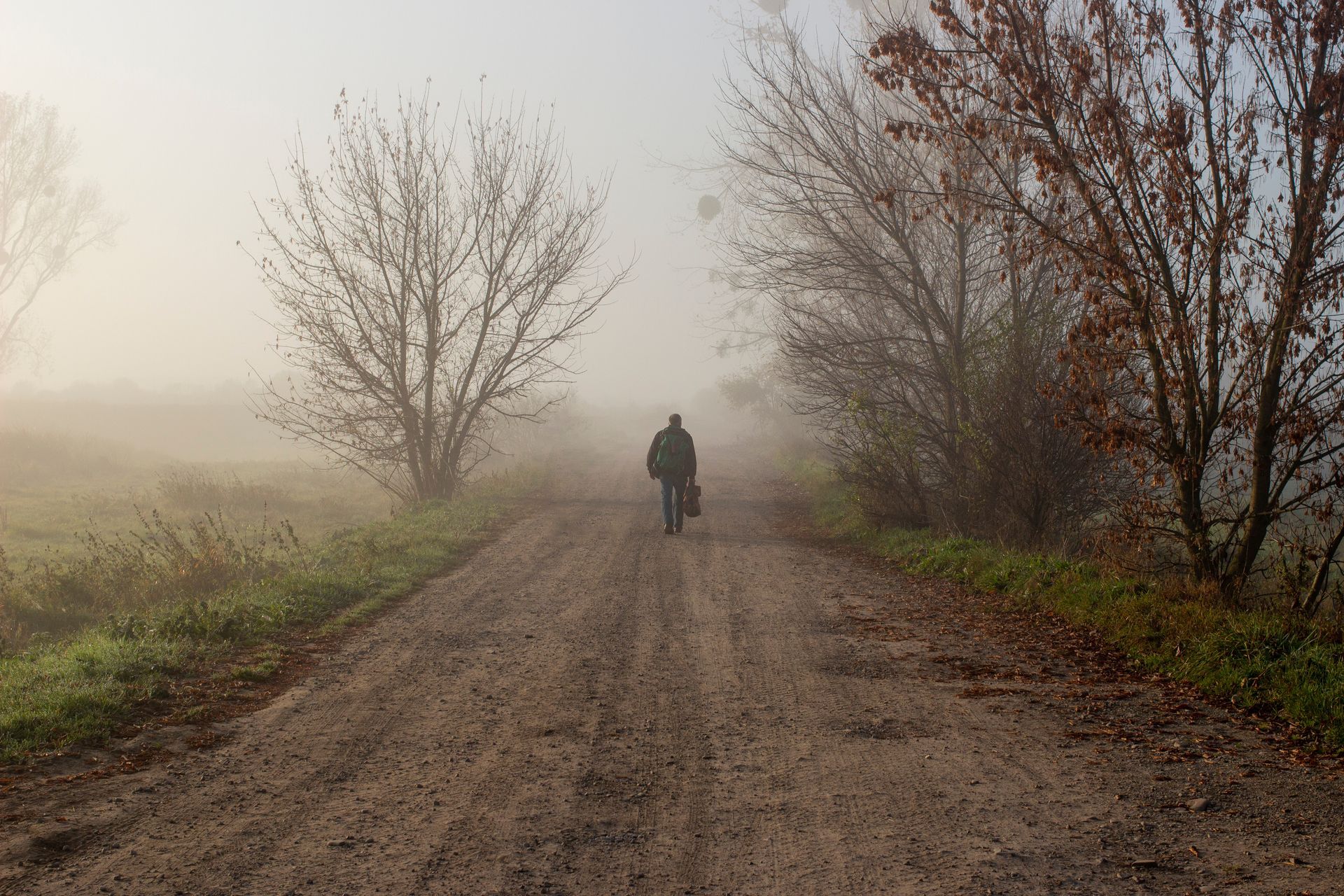 Photograph of a man walking away from the viewer, along a lonely road that fades into mist.