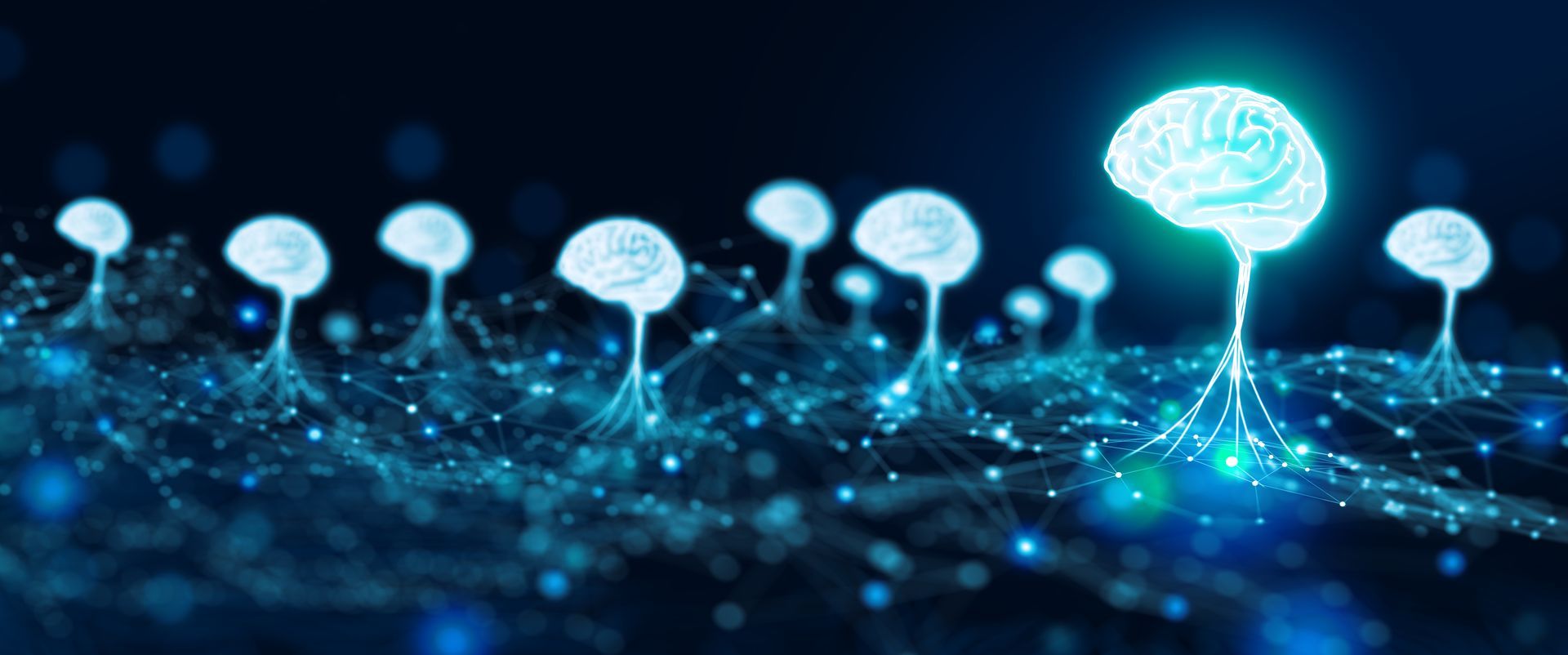 Glowing brains are connected by a cybernetic network.