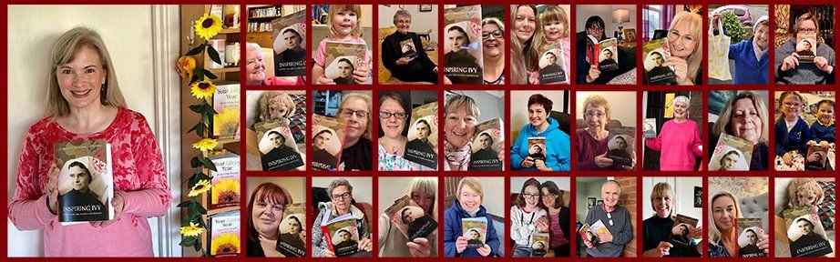 A collage of people holding up the Inspiring Ivy book