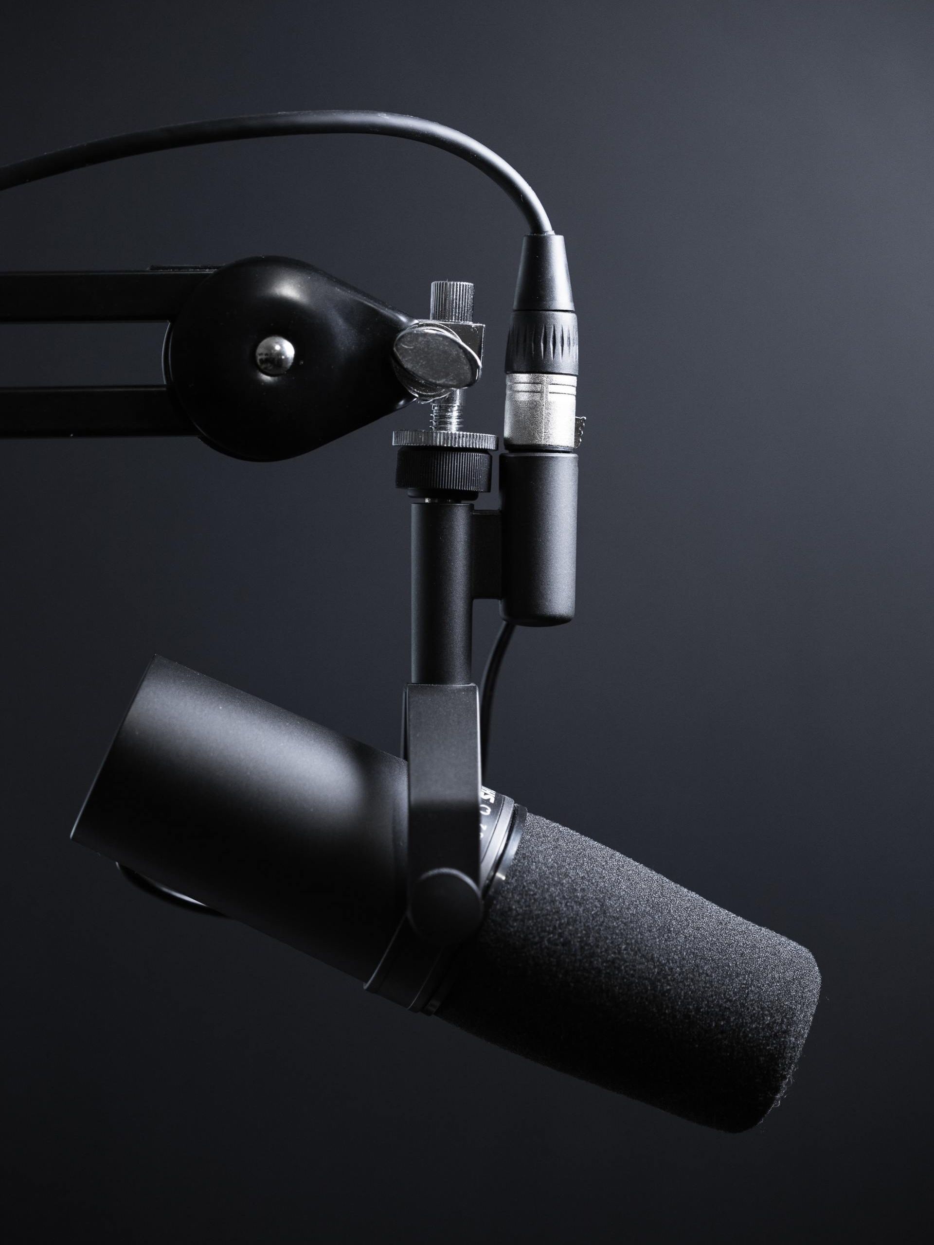 Side profile of studio microphone attached to the end of a boom