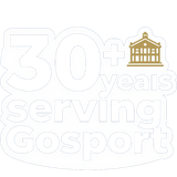 30+ years serving Gosport logo with gold town hall icon