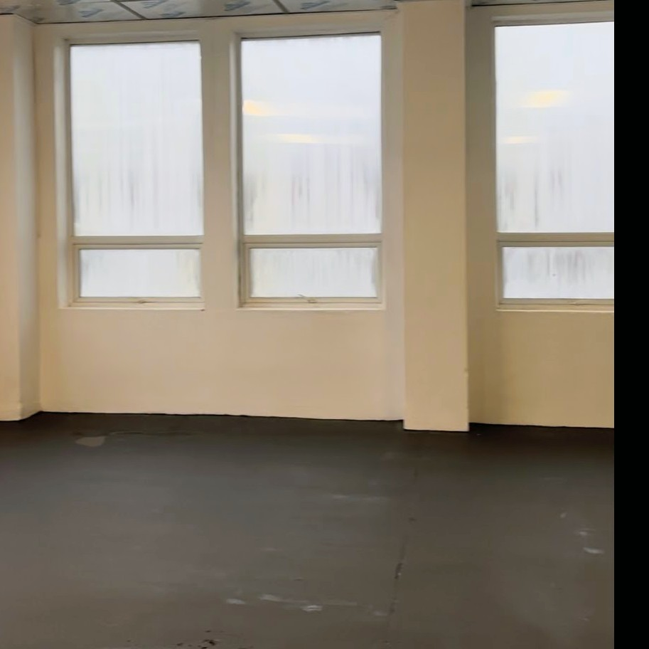 Empty room with three frosted windows, cream walls, and a dark floor.