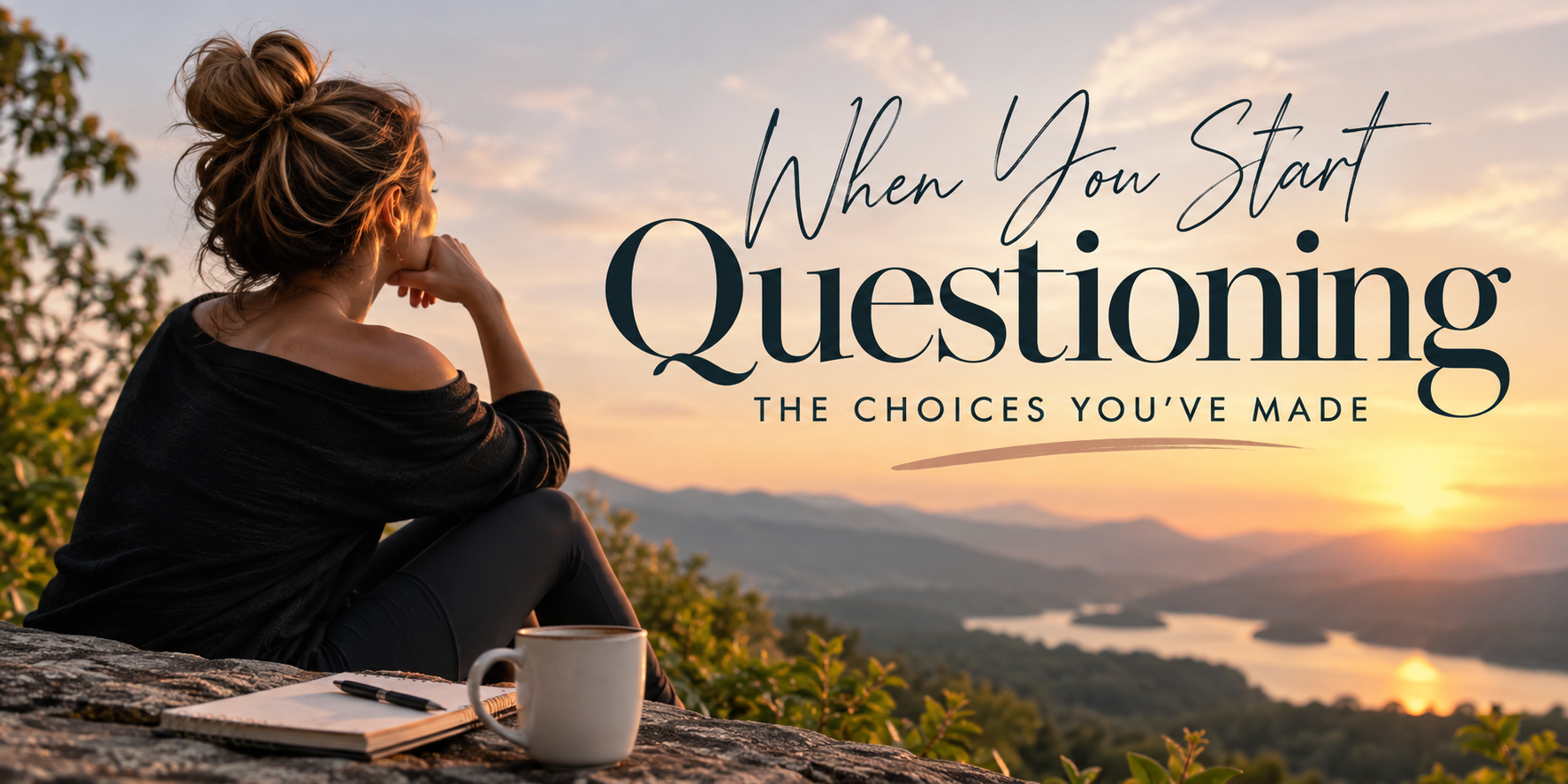 Person sitting on a blanket at sunset, overlooking a lake, beside text reading “When You Start Questioning the Choices You’ve Made.”