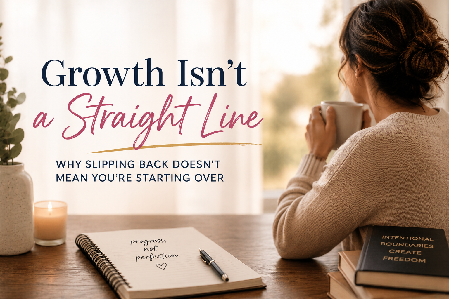 Woman by window with coffee beside a journal, overlaid text: “Growth isn’t a straight line”