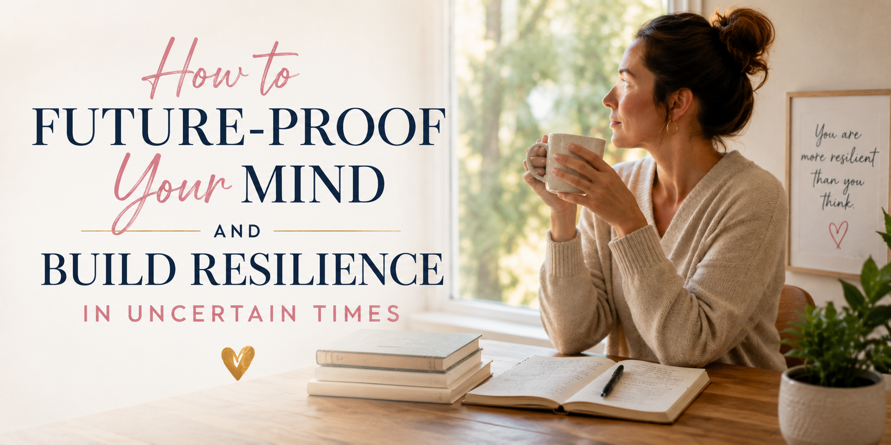 Woman writing at a desk beside stacked books, with text overlay: “How to Future-Proof Your Mind and Build Resilience.”