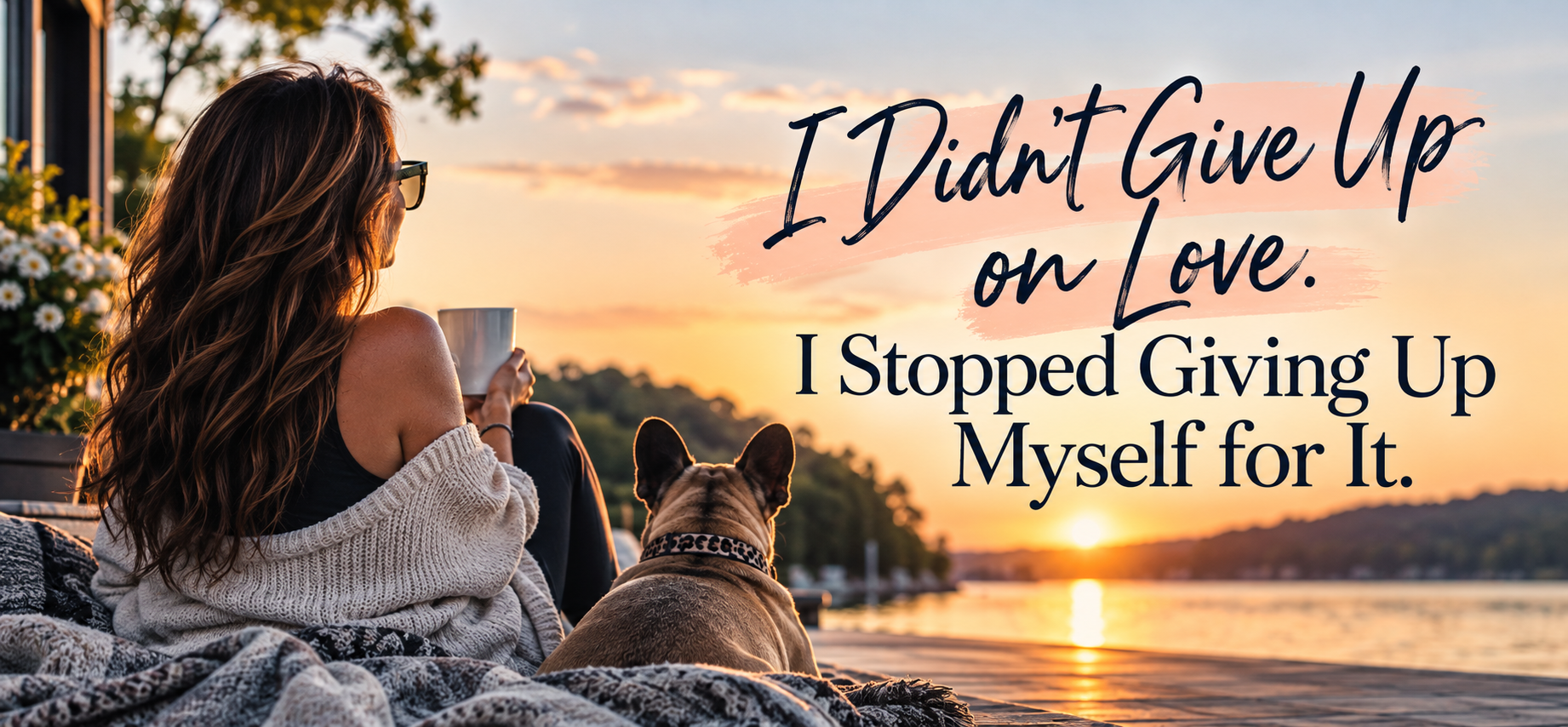 Person sitting on a beach at sunset with text: “I Didn’t Give Up on Love. I Stopped Giving Up Myself for It.”